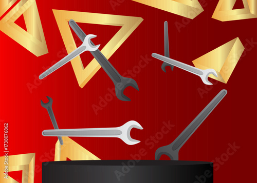 Mockup product display with  Wrench. Vector cylinder pedestal podium. Stage showcase for presentation. Minimal geometric forms.