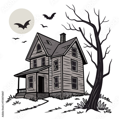 Spooky haunted house with bats and bare tree under moon
