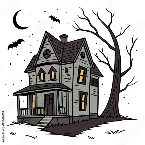 Spooky haunted house with bats and crescent moon halloween