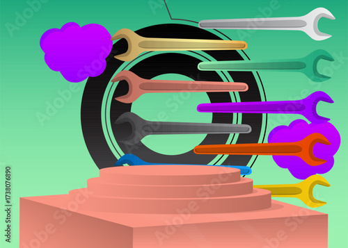 Mockup product display with  Wrench. Vector cylinder pedestal podium. Stage showcase for presentation. Minimal geometric forms.
