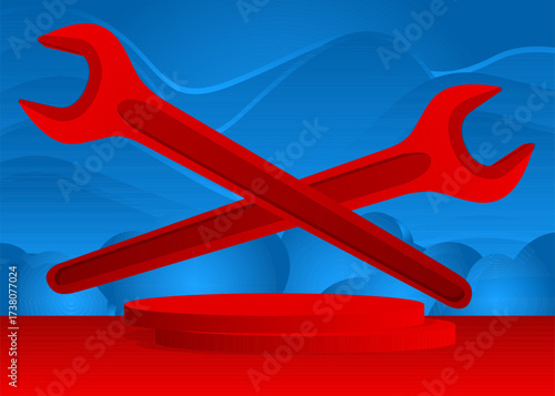 Mockup product display with  Wrench. Vector cylinder pedestal podium. Stage showcase for presentation. Minimal geometric forms.