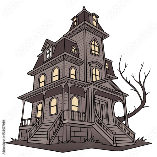 Spooky Victorian haunted house with bare tree architecture
