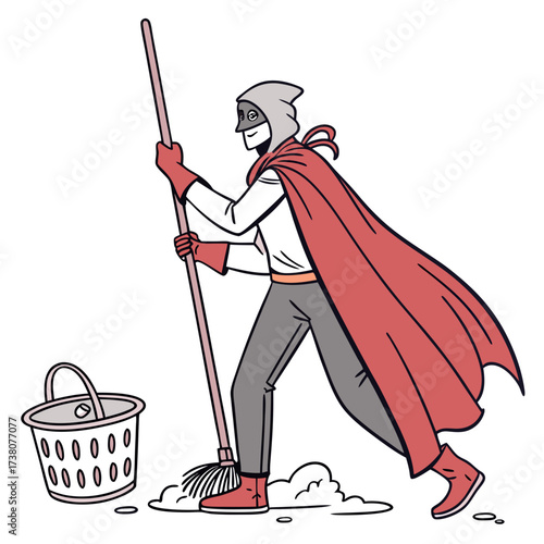 Superhero cleaning with mop and bucket cape