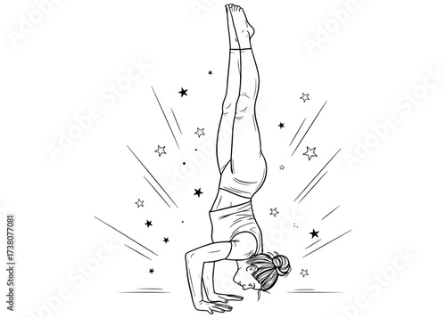 Woman in Supported Headstand, Salamba Sirsasana. Advanced yoga inversion for strength and balance. Line art with stars for an inspirational fitness concept.

