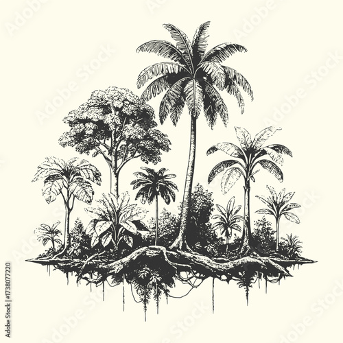 Vintage illustration of tropical palm trees on a small island, exotic scenery with detailed engraving style.
