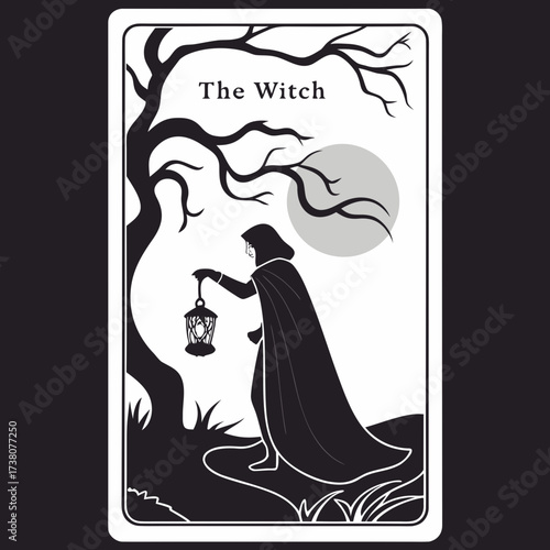 The Witch tarot card with lantern and moon night