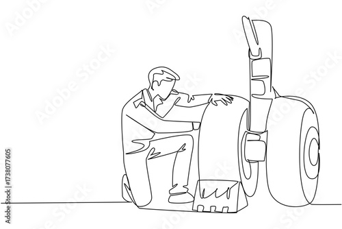 Continuous one line drawing aircraft technician checking the wheels of aircraft. Rechecking the landing control system. Aviation Maintenance Technician Day. Single line draw design vector illustration