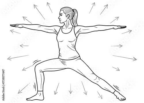 Woman in Warrior II Pose, Virabhadrasana II. A powerful standing yoga asana for strength, stability, and focus. Line art with energy arrows for a fitness concept.


