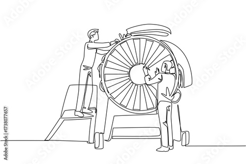 Single one line drawing 2 aircraft technicians dismantling aircraft engine. Working together makes everything easier. Aviation Maintenance Technician Day. Continuous line design graphic illustration