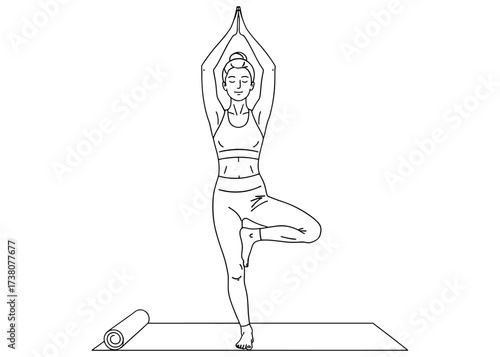 Woman practicing Tree Pose, Vrikshasana. A standing yoga asana for balance, stability, and concentration. Minimalist line art vector for fitness and wellness.

