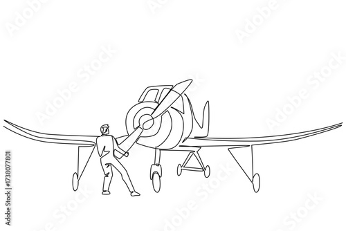 Single one line drawing an aircraft technician is checking the propeller. Propeller rotation does not meet standards. Aviation Maintenance Technician Day. Continuous line design graphic illustration