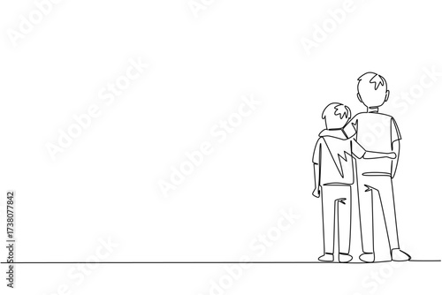 Single continuous line drawing rear view, two brothers standing embracing each other. Posing compactly in the open air. Childhood memory photo. Day of Brother. One line design vector illustration