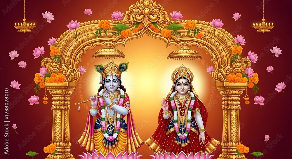 Obraz premium Colorful Traditional Hindu Deity Statues in Ornate Gold Arch with Flowers and Floating Lamps
