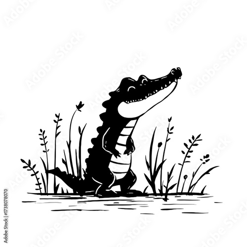 Crocodile. Crocodile simple black and white line art vector logo