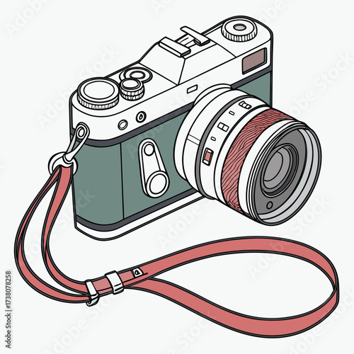 Vintage camera with red strap vector illustration film camera