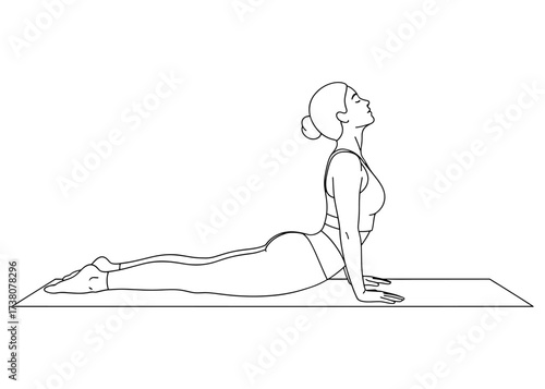 Woman in Upward-Facing Dog, Urdhva Mukha Svanasana. A backbend yoga pose for spine flexibility and strength. Minimalist line art vector for fitness.

