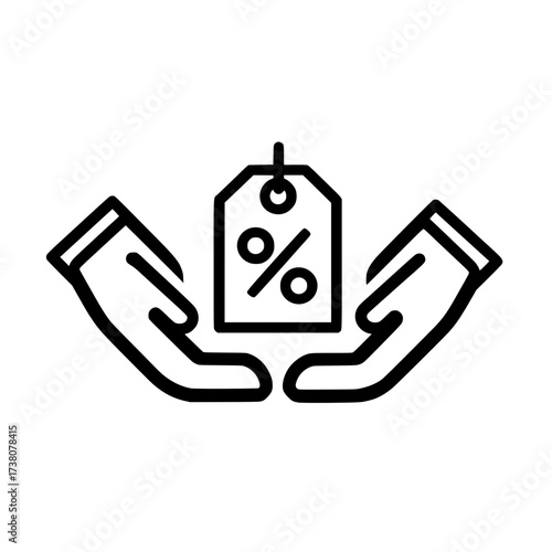 Discount tag icon hovering above two open hands in flat vector style isolated on white background