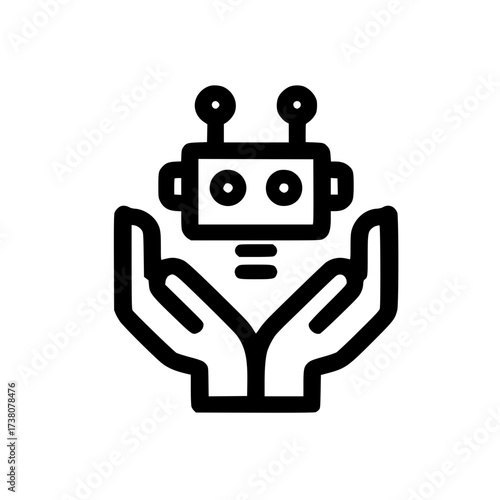 robot symbol floating over open palms in flat vector design for artificial intelligence and trust