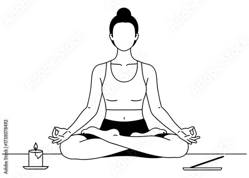 Faceless woman in Lotus Pose (Padmasana) meditating with Jnana Mudra. Minimalist line art for yoga, mindfulness, and spiritual wellness. Vector icon.

