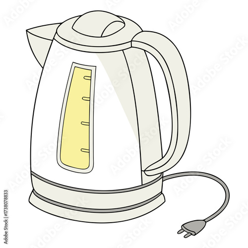 White electric kettle with yellow water level indicator and grey cord