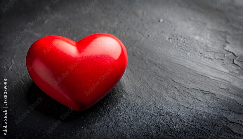 Fototapeta premium Red heart on a dark textured background with copy space. Minimalist romantic concept design, perfect for Valentine’s Day, love theme, greeting card, poster, wallpaper, and digital art.