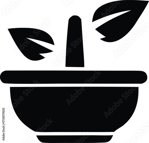 Mortar and pestle with leaf icon representing natural remedies and herbal medicine preparation