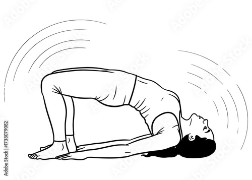 Person practicing Bridge Pose, Setu Bandhasana. A yoga backbend for glute and back strength. Line art illustration for fitness, pilates, and physiotherapy.

