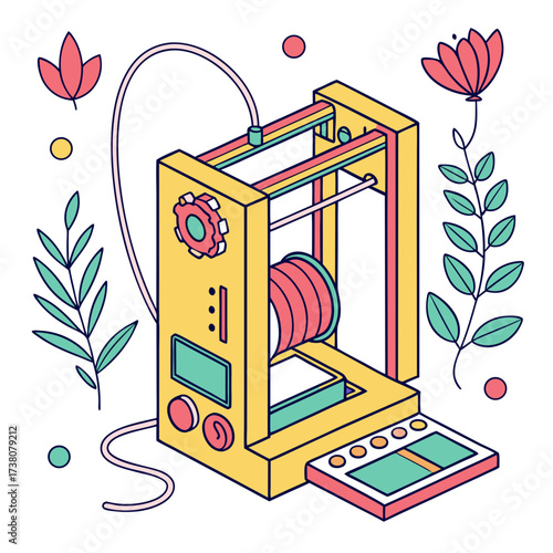 Yellow 3d printer with pink and teal accents additive manufacturing