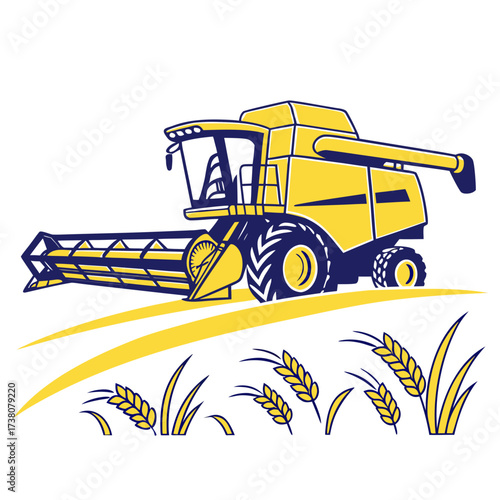 Yellow and blue combine harvester in a field agriculture