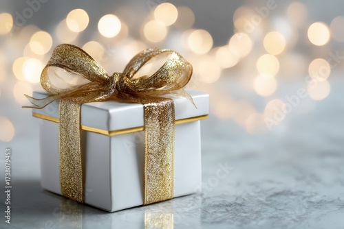 Elegant jewelry gift box with gold ribbon, bokeh lights, copy space for Cyber Week ad 