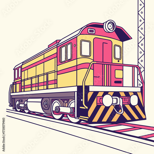 Yellow and pink diesel train engine on tracks vector