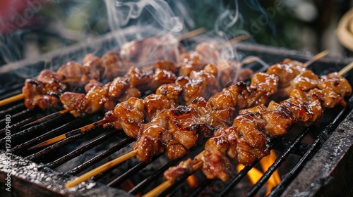 Moo Ping Thai grilled pork skewers sizzling on a charcoal grill, authentic street food scene.

