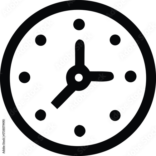Simple black and white icon of a round analog clock showing the time with hour and minute hands