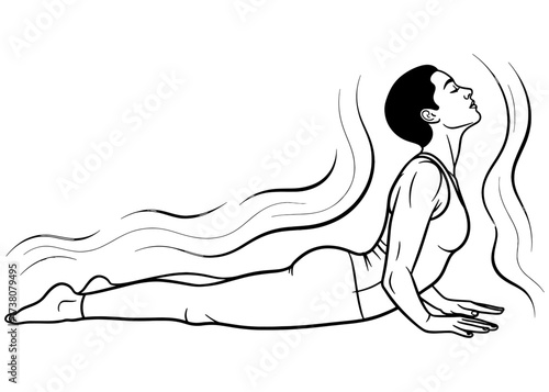 Person in Cobra Pose, Bhujangasana. A backbend yoga asana for spine flexibility and opening the chest. Line art with energy flow for a wellness concept.

