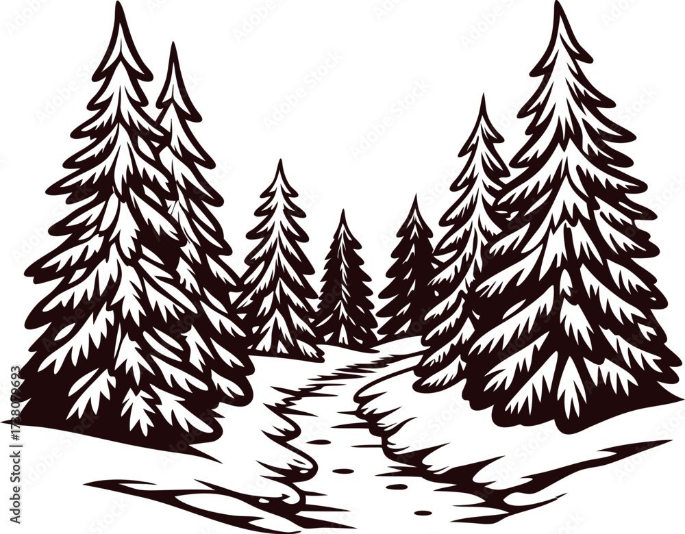 Obraz premium Hand drawn evergreen forest with winding path and snow covered pine trees in vintage engraved