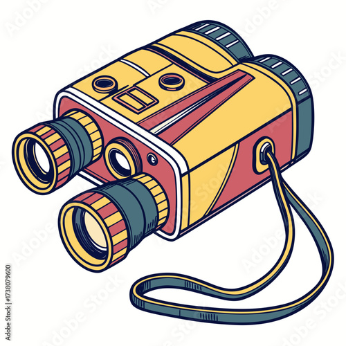 Yellow and red binoculars with blue strap optics viewing