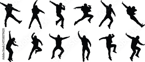 Silhouette collection of male dancers in energetic jump poses, hip hop dance, street performance, modern movement, artistic expression, isolated black illustration for fitness, creativity design
