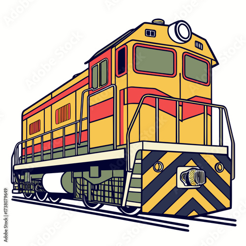 Yellow and red diesel train engine vector illustration
