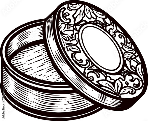 antique round tin box with ornate floral engraving and open lid, detailed hand drawn vintage sketch illustration