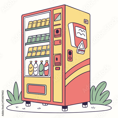 Yellow and red cartoon vending machine with drinks