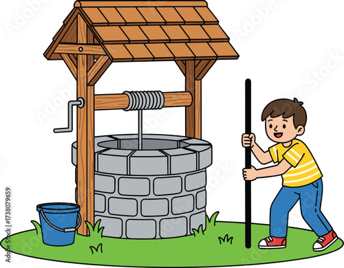Child Operating Traditional Water Well with Crank and Bucket on Grass – Rural Outdoor Scene with Mechanical Water Drawing System