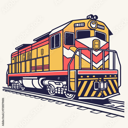 Yellow and red diesel train engine vector on tracks
