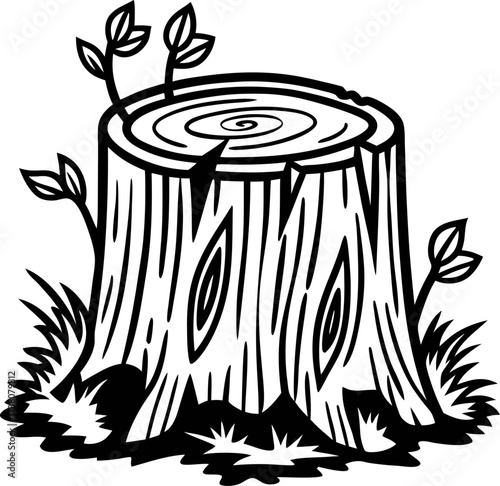 Black and white illustration of a tree stump with sprouting leaves and grass in a hand drawn