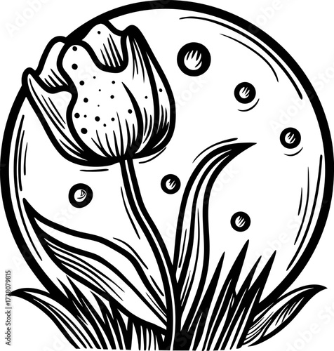 Hand drawn tulip flower with leaves and circular abstract background in vintage engraving sketch