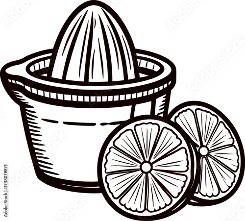 Hand drawn citrus juicer with sliced lemon illustration vintage engraved kitchen utensil isolated on white