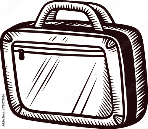 Hand drawn briefcase with handle and front pocket vintage sketch illustration isolated on white background