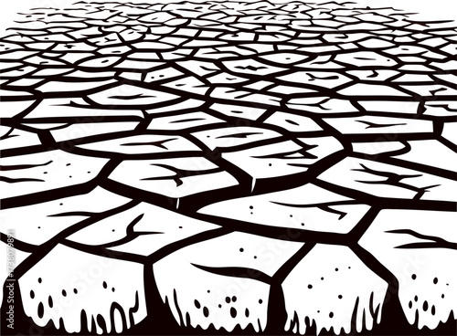 Dry cracked earth surface in black and white illustration showing drought and environmental climate change impact
