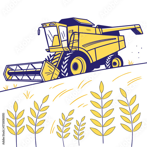 Yellow combine harvester on a field with wheat stalks