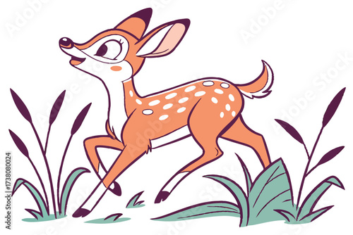 Cartoon Fawn Running in Grass on White Background Style
