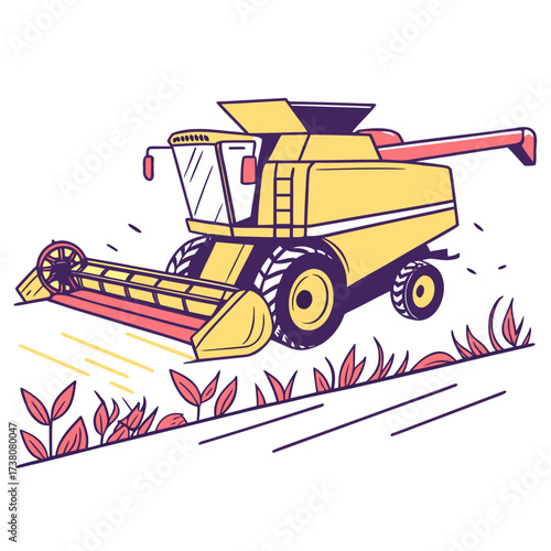 Yellow combine harvester in a field with red plants